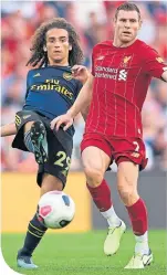  ??  ?? James Milner of Liverpool challenges Arsenal’s Matteo Guendouzi