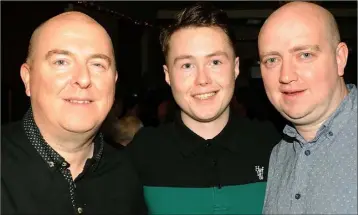  ??  ?? Sean Doyle, Castle Park, Colin Doyle, Oakland Park and Fra Dillon, Cedarwood Park at Colin’s 21st birthday party in the Clan na Gael GFC Community Centre.