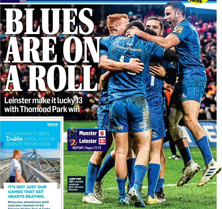  ??  ?? JUMP FOR
JOY: Leinster celebrate their win over Munster