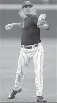  ?? NWA Democrat-Gazette/Andy Shupe ?? SATURDAY STARTER: Arkansas pitcher Connor Noland warms up for a team practice on Jan. 25 at Baum-Walker Stadium in Fayettevil­le.