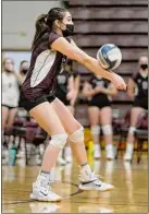  ??  ?? Burnt Hills’ Callie Chevalier bumps the ball during a game in March 2021. Section II Executive Director Ed Dopp said some schools may require volleyball players to wear masks again this season. Volleyball was played during Fall Season II last year.
Jenn March / Special to the Times Union