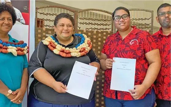  ?? Photo: Sereana Salalo ?? From left: Netball Fiji executive member Ledua Vaka, chief executive officer Vivian Koster, Elevation Technology founding members; Olivia Bula and Navinesh Chand during the Netball Fiji website launch at the Harvest Plaza, Kinoya, on January 23, 2023.