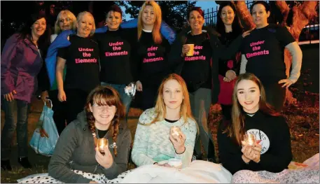 ?? Photo by Fergus Dennehy ?? Front (from left): Emily Fitzgerald, Mia Dudney, Sadie O’Sullivan. Back:Julie Fitzpatric­k, Charlene Tydings, Paula Lynch, Marion Coffey, Anna Harrington, Bridie Hanafin, Carmel Hanafin and Caroline McConnell at the Under The Elements sleep out in...