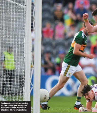  ??  ?? Paul Geaney celebrates scoring his side’s third goal during the Munster SFC Final at Páirc Ui Chaoimh. Photo by Sportsfile