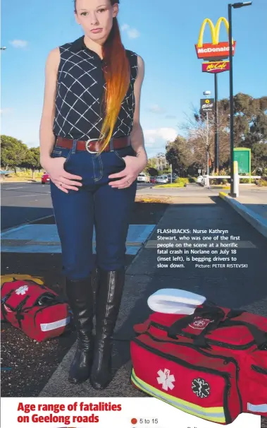  ?? Picture: PETER RISTEVSKI ?? FLASHBACKS: Nurse Kathryn Stewart, who was one of the first people on the scene at a horrific fatal crash in Norlane on July 18 (inset left), is begging drivers to slow down.