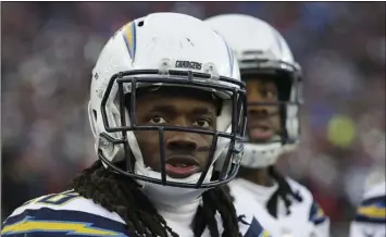  ?? AP PHOTO/ STEVEN SENNE ?? In this Jan. 13 file photo, Los Angeles Chargers running back Melvin Gordon watches from the sideline during the second half of an NFL divisional playo football game against the New England Patriots in Foxborough, Mass.