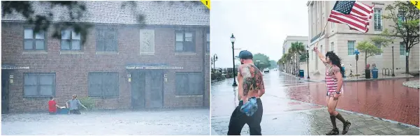  ??  ?? (1) Dos mujeres tratan de llegar a su vivienda ya cuando el agua se tomó las calles. (2) Dos hombres caminan con la bandera de EE UU rumbo a la costa en Wilmington.