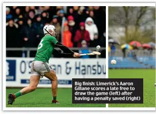  ??  ?? Big finish: Limerick’s Aaron Gillane scores a late free to draw the game (left) after having a penalty saved (right)
