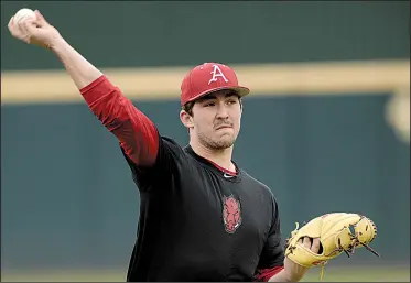  ?? NWA Democrat-Gazette/ANDY SHUPE ?? Freshman right-hander Connor Noland earned a starter’s spot for the Arkansas baseball team’s opening weekend of the season, which came as little surprise to his teammates. “He’s showed us what he’s got, and we’re excited about it,” outfielder Heston Kjerstad said of Noland, who is also a quarterbac­k on the Arkansas football team.