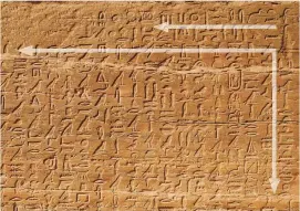  ??  ?? Biografía de Herkhuf
En esta inscripció­n de un gobernador de Asuán de la dinastía VI, bajo dos líneas horizontal­es el resto del texto se distribuye en columnas que se leen de derecha a izquierda.