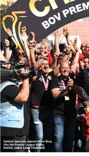  ?? ?? Hamrun Spartans captain Steve Borg lifts the Premier League trophy. PHOTO: CHRIS SANT FOURNIER