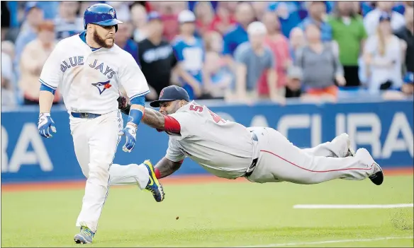  ?? — CP ?? Boston Red Sox third baseman Pablo Sandoval tags out Toronto Blue Jays catcher Russell Martin in the second inning on Monday.