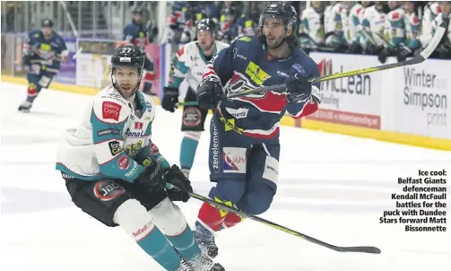  ??  ?? Ice cool: Belfast Giantsdefe­nceman Kendall McFaullbat­tles for the puck with Dundee Stars forward MattBisson­nette