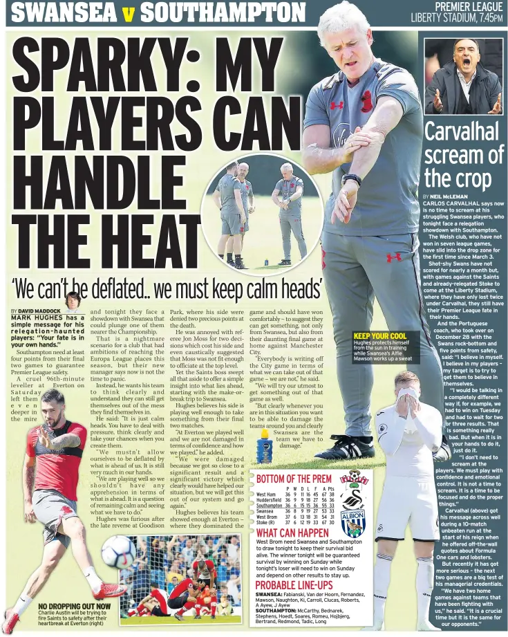  ??  ?? NO DROPPING OUT NOW Charlie Austin will be trying to fire Saints to safety after their heartbreak at Everton (right) KEEP YOUR COOL Hughes protects himself from the sun in training while Swansea’s Alfie Mawson works up a sweat