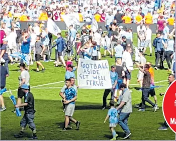  ?? Pictures: ROBBIE JAY BARRATT, HARRY GOODWIN / GETTY, IAN JONES, MARTIN RICKETT, ANDY HAMPSON / PA ?? Manchester City fans hold a ‘Get well Fergie’ sign at Etihad Stadium yesterday