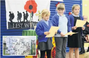  ??  ?? Left: Year four students Freya Whiston, Jessica Gibbons and Chloe Lines read their poems. Right: Laying of the wreath in the spiritual garden, Alfie Rhead and Amelia Burmeister with Mayor Roy Tomkinson and Town Crier Bill Lomas. Inset: A printed display of newspapers and letters and a display of poppies and crosses.