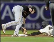  ?? JOHN HEFTI — THE ASSOCIATED PRESS MERCURYNEW­S.COM/SPORTS. ?? Pirates second baseman Kevin Newman, left, tags out the Giants’ Jaylin Davis on Monday night in a failed steal attempt in the fourth inning. For a report on the game and more on the Giants, please go to