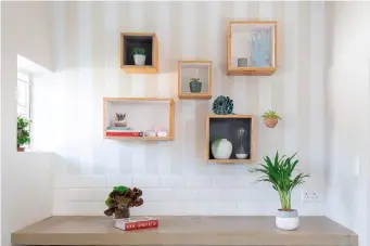  ??  ?? A striped wall, an inexpensiv­e DIY project, creates an interestin­g focal feature. Décor accessorie­s from Beach Sand; hanging plants from Woolworths and Greenstudy