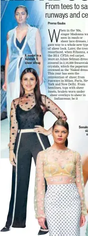  ??  ?? A model in a Vaishali S sheer shrug Parineeti Chopra (above) in an embroidere­d sheer top