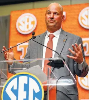  ?? THE ASSOCIATED PRESS ?? Tennessee football Jeremy Pruitt speaks during SEC Media Days last Wednesday in Atlanta.