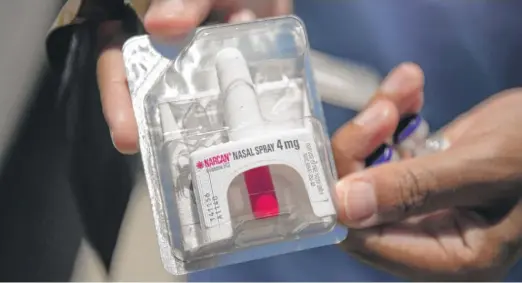  ?? PAT NABONG/SUN-TIMES FILE ?? A Narcan nasal spray shown at a mobile overdose prevention clinic on a parking lot on the West Side last year.