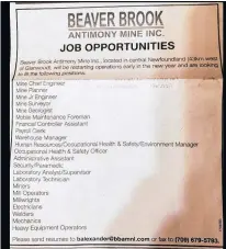  ?? FILE PHOTO ?? This online ad post has fuelled optimism that a restart of the Beaver Brook Antimony Mine, which ceased operation in 2012, could soon take place. Representa­tives of the mine could not be reached for comment.