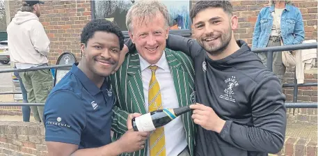  ?? ?? Chairman Richard Ordidge presenting a bottle to the two players of the match, Vince Everitt and Tyrese Makasi