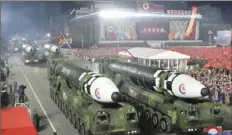  ?? Korean Central News Agency/Korea News Service via AP ?? Hwasong-17 interconti­nental ballistic missiles are on display at Kim Il Sung Square in Pyongyang, North Korea, on Feb. 8 during a military parade for the 75th founding anniversar­y of the Korean People’s Army.