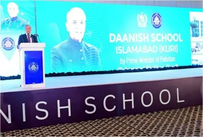  ?? ?? Islamabad: PM Shehbaz Sharif addressing a ceremony at the proposed site of Danish School.