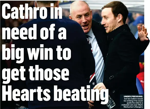  ??  ?? UNDER PRESSURE: but Ian Cathro would be smiling if he could guide his side to a midweek win over Mark Warburton’s Rangers