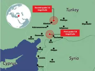  ?? (Datawrappe­r/The I ndependent) ?? The two major earthquake­s that struck Turkey – with Syria also suffering severe damage