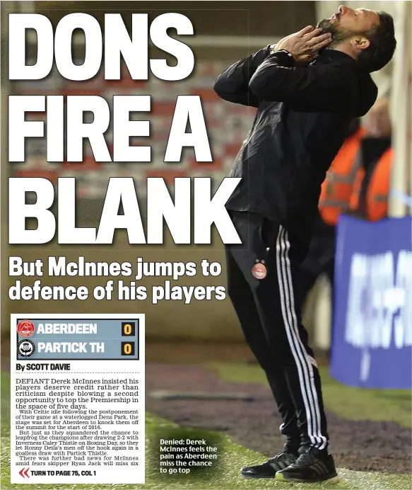  ??  ?? Denied: Derek McInnes feels the pain as Aberdeen miss the chance to go top