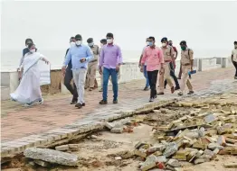  ?? — PTI ?? West Bengal chief minister Mamata Banerjee takes stock of the damage caused by Cyclone Yaas in Digha on Friday.