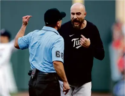  ?? DAVID BERDING/GETTY IMAGES ?? Twins manager Rocco Baldelli was ejected in the fifth inning by umpire Chris Guccione.