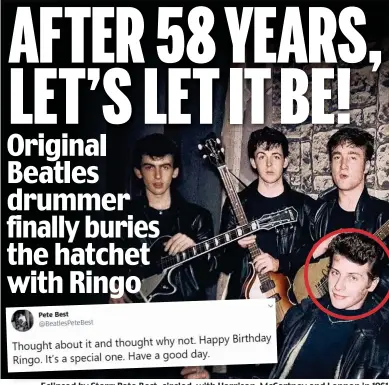  ??  ?? Eclipsed by Starr: Pete Best, circled, with Harrison, McCartney and Lennon in 1961