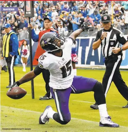  ?? FREDERICK BREEDON/GETTY IMAGES ?? Ravens wide receiver Michael Crabtree showed passion and energy in Sunday’s win over the Titans, a week after costing the team with several dropped passes.