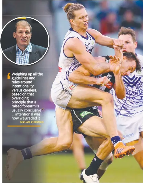  ?? Picture: GETTY ?? INTENT: Nat Fyfe of the Dockers hits Magpie Levi Greenwood high in a late contest at the MCG on Sunday.