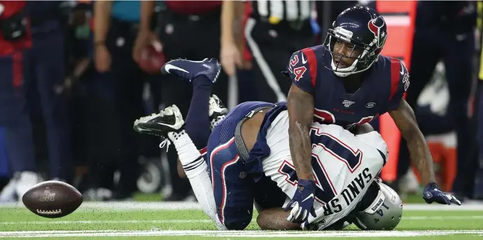  ??  ?? NEED TO STEP UP: A pass intended for wide receiver Mohamed Sanu is incomplete as Texans cornerback Johnathan Joseph defends on Dec. 1. Top right, Jarrett Stidham is taken down by the Giants Joey Alfieri during a preseason game on Aug. 29.