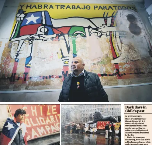  ?? PICTURES: JONATHAN GAWTHORPE. ?? HISTORY UNCOVERED: Gilberto Hernandez, one of the Chilean exiles who worked on the artwork, pictured with the mural, main. Gilberto following his arrival in Yorkshire and protesters in Leeds in the 1970s, inset.