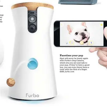  ??  ?? Facetime your pup Spot will never be lonely again with Furbo’s Dog Camera, which lets you see and talk to your pup. If they’ve been a good boy, you can even throw them a treat with the flick of a finger. $200. furbo.com