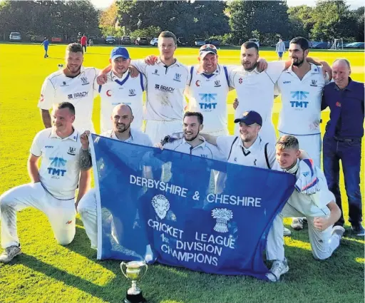  ??  ?? ●● Woodley 1st XI with 1st Div Flag and trophy after victory over Tintwistle. Back row l/rJarrod Ince, Connor Cranwell, Jack Trowsdale, Danny Kay (capt), Bradley Heginbotha­m, Michael Mallett and scorer Coddy Front row l/r Harry Ripon, Jamie Kay, Jack Duggan, Ryan Murphy and Frazer Heginbotha­m