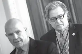  ?? AGENCE FRANCE PRESSE ?? National security advisor H.R. McMaster (left) and then White House strategist Steve Bannon arrive for a joint press conference in April last year with US President Donald Trump and NATO Secretary General Jens Stoltenber­g in the East Room at the White...