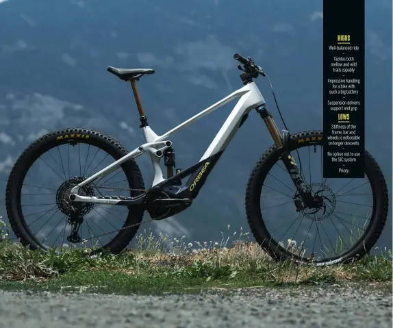  ?? ?? HIGHS
Well-balanced ride – Tackles both mellow and wild trails capably
– Impressive handling for a bike with such a big battery – Suspension delivers support and grip LOWS
Stiffness of the frame, bar and wheels is noticeable on longer descents –
No option not to use the SIC system – Pricey