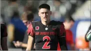  ?? DENIS POROY — THE ASSOCIATED PRESS FILE ?? San Diego State place kicker/punter Matt Araiza (2) plays during an NCAA football game against Utah on Sept. 18in Carson, Calif. Araiza was selected as the AP’s first team All-America punter.