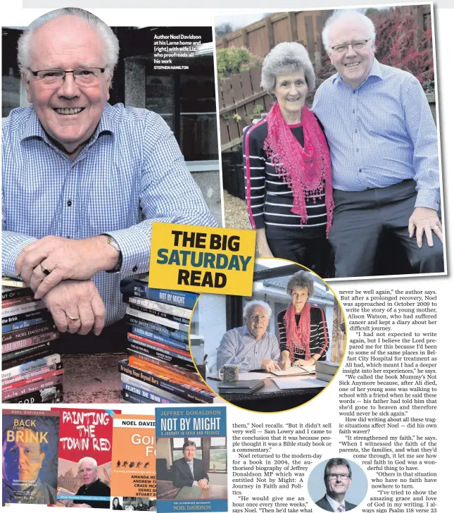  ?? STEPHEN HAMILTON ?? Author Noel Davidson at his Larne home and (right) with wife Liz, who proofreads all his work
Some of Noel Davidson’s books including the biography of Jeffrey Donaldson