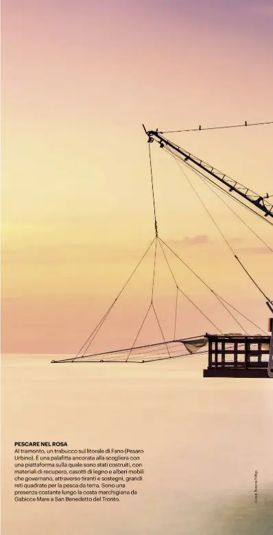  ??  ?? PESCARE NEL ROSA Al tramonto, un trabucco sul litorale di Fano (Pesaro Urbino). È una palafitta ancorata alla scogliera con una piattaform­a sulla quale sono stati costruiti, con materiali di recupero, casotti di legno e alberi mobili che governano,...