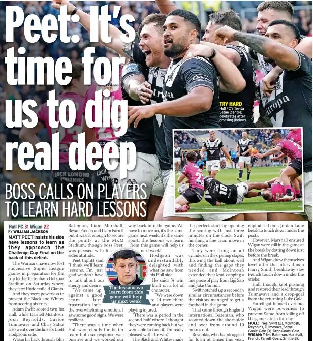  ?? ?? The lessons we learn from this game will help
us next week
TRY HARD Hull FC’s Tevita Satae (centre) celebrates after crossing (below)