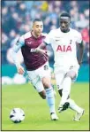  ?? ?? Aston Villa’s Youri Tielemans (left), and Tottenham Hotspur’s Pape Matar Sarr battle for the ball during the English Premier League soccer match at Villa Park, Birmingham, England. (AP)