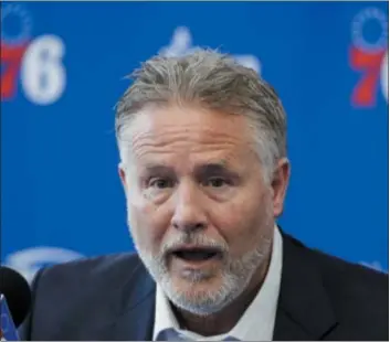  ?? MATT ROURKE – THE ASSOCIATED PRESS ?? Sixers head coach Brett Brown speaks during a news conference Tuesday at the team’s practice facility in Camden, N.J. Brown will be returning for a seventh season as the team’s bench boss.