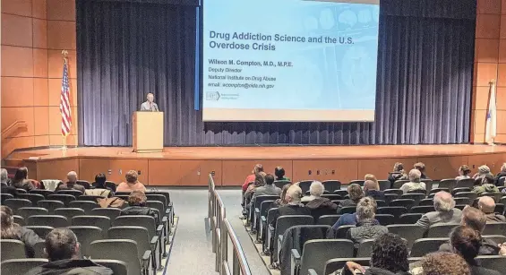  ?? HENRY SCHWAN/TELEGRAM & GAZETTE ?? Dr. Wilson Compton, deputy director of the National Institute on Drug Abuse of the National Institutes of Health, speaks Thursday.